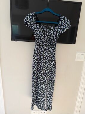 Zara Black Floral Puff-Sleeve Maxi Dress with Blue Accents